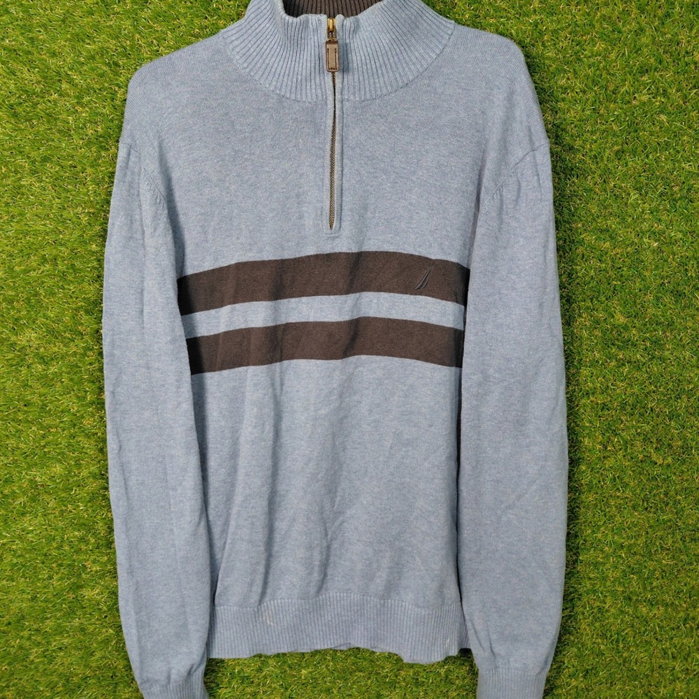 Nautica Mens Sweater L Blue Brown Striped 1/4 Zip Mock Neck Long Sleeve‎ Casual